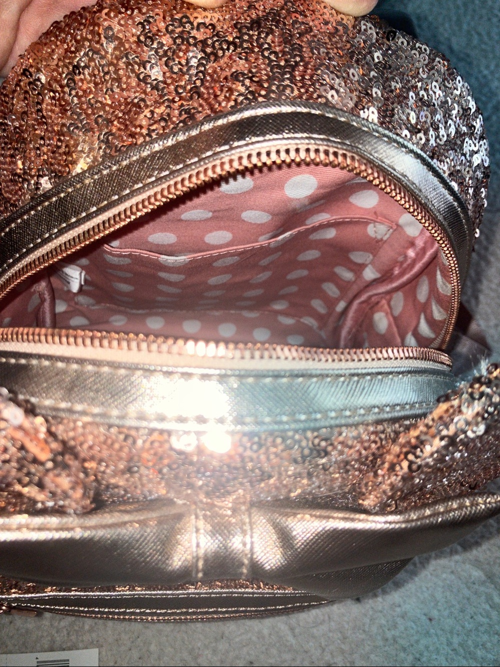 Loungefly Rose Gold Sequin Mini Backpack with Metallic Bow - Picture 2 of 4